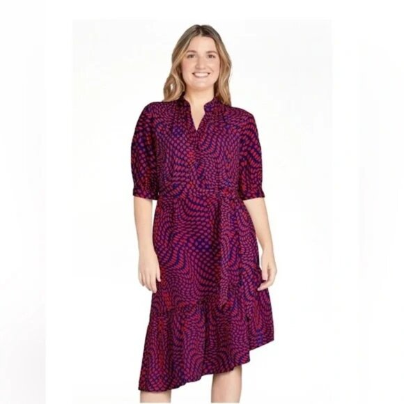 Scoop Womens Asymmetrical Ruffle Midi Dress Red Navy Coastal Preppy Style Large - Picture 1 of 9